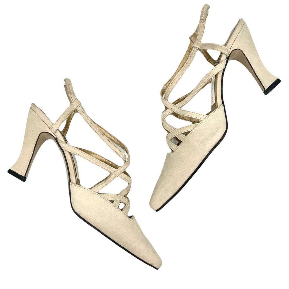 Morgan Taylor Vtg 90s Beige Suede Criss Cross Strappy Kitten Pumps